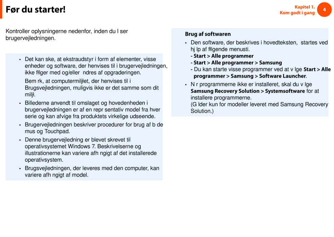 Samsung NP930X5J-K02SE manual Før du starter, Brug af softwaren, Start Alle programmer Start Alle programmer Samsung 