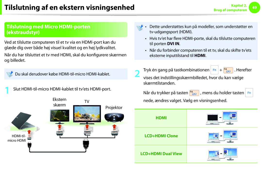 Samsung NP275E5E-K01SE, NP275E5E-K02SE manual Tilslutning med Micro HDMI-porten, Ekstraudstyr, Ekstern, Skærm Projektor 