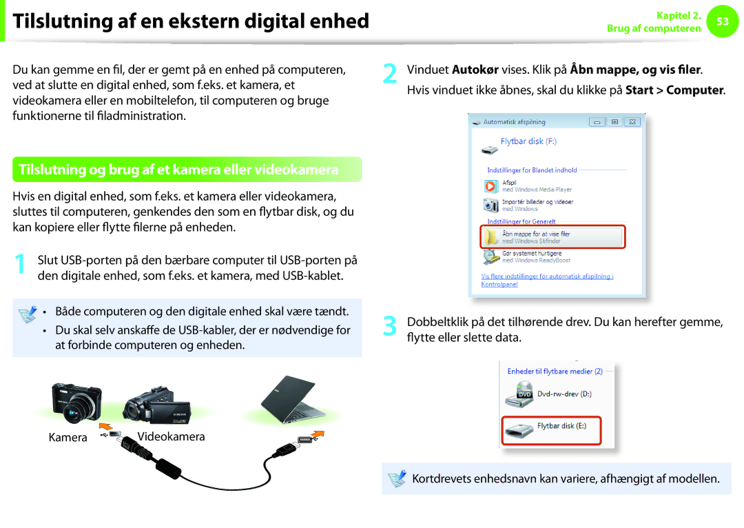 Samsung NP270E5E-K05SE Tilslutning af en ekstern digital enhed, Vinduet Autokør vises. Klik på Åbn mappe, og vis filer 