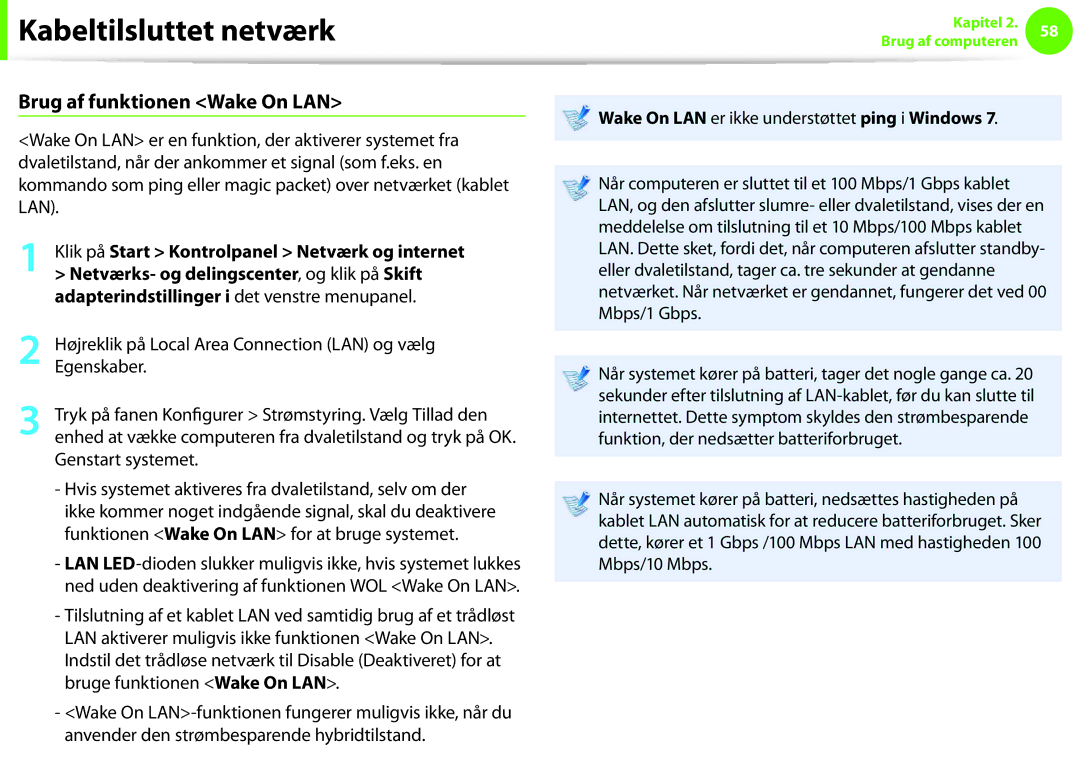 Samsung NP930X5J-K01SE, NP275E5E-K02SE manual Brug af funktionen Wake On LAN, Netværks- og delingscenter , og klik på Skift 