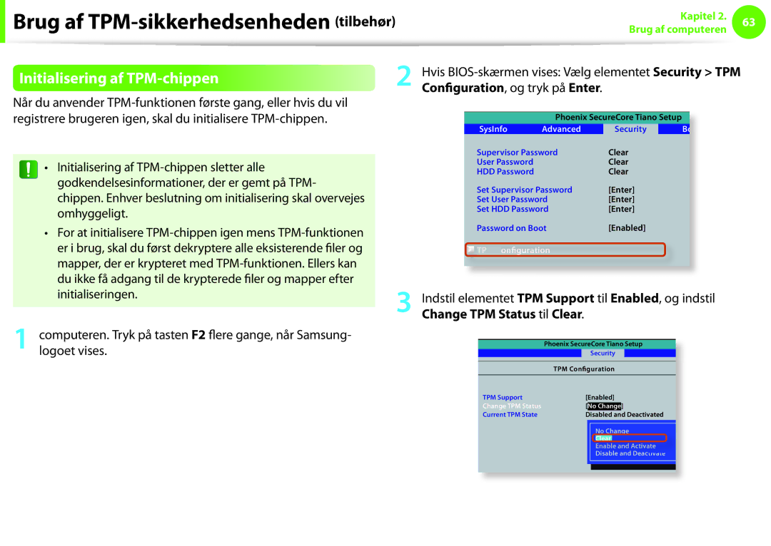 Samsung NP275E5E-K02SE, NP910S5J-K01SE manual Brug af TPM-sikkerhedsenheden tilbehør, Initialisering af TPM-chippen 