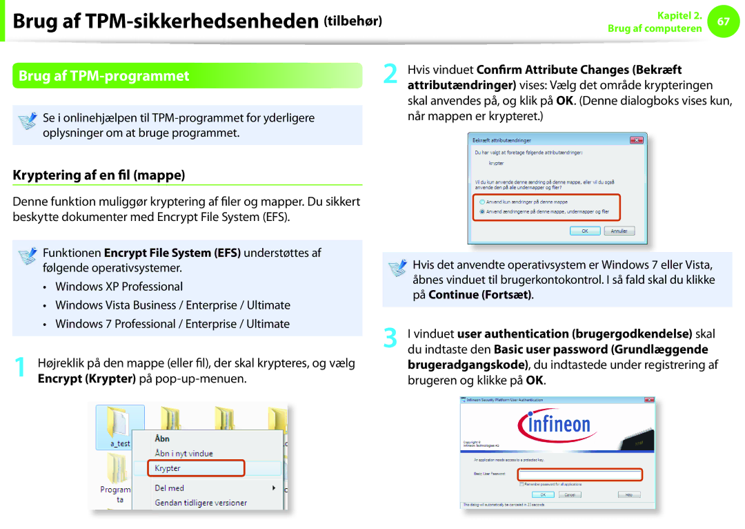 Samsung NP270E5E-K06SE Brug af TPM-programmet, Kryptering af en fil mappe, Hvis vinduet Confirm Attribute Changes Bekræft 