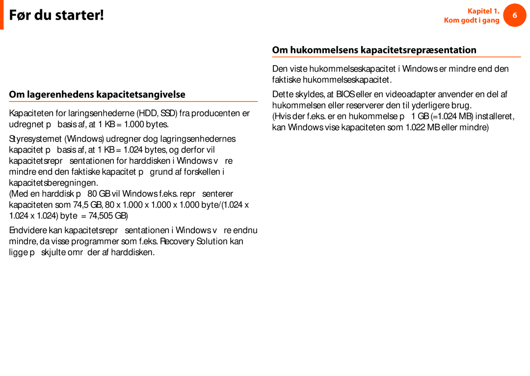 Samsung NP270E5E-K04SE manual Om repræsentationsstandarden for produktkapacitet, Om lagerenhedens kapacitetsangivelse 