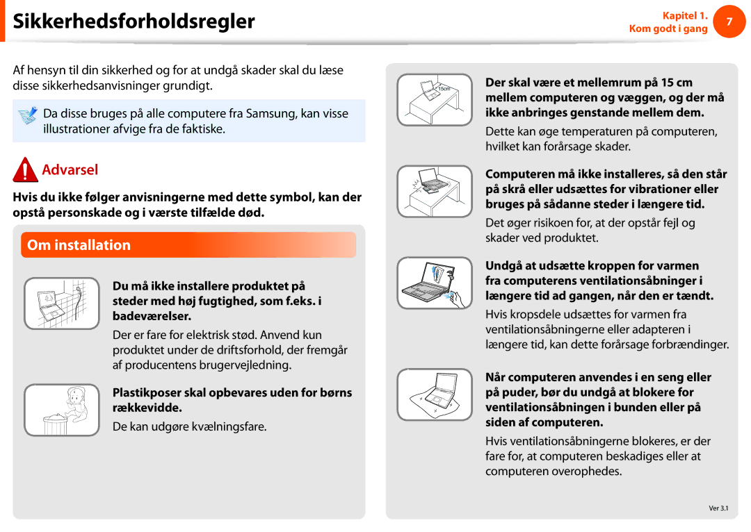 Samsung NP275E5E-K02SE Sikkerhedsforholdsregler, Om installation, Plastikposer skal opbevares uden for børns rækkevidde 