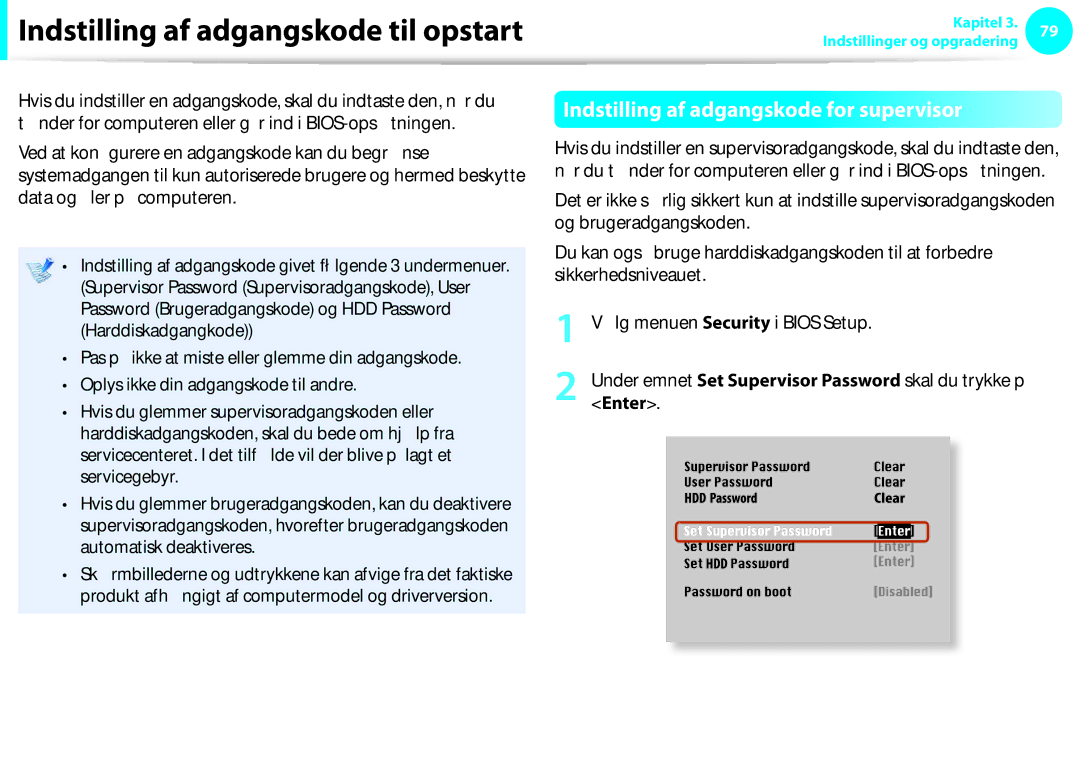 Samsung NP275E5E-K02SE, NP910S5J-K01SE, NP275E5E-K01SE, NP930X5J-K01SE manual Indstilling af adgangskode for supervisor, Enter 