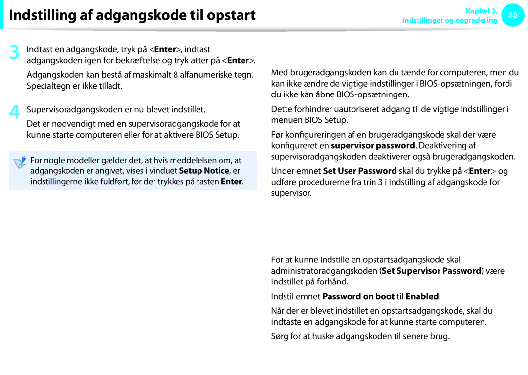 Samsung NP910S5J-K01SE, NP275E5E-K02SE manual Indstilling af en brugeradgangskode, Indstilling af opstartsadgangskode 