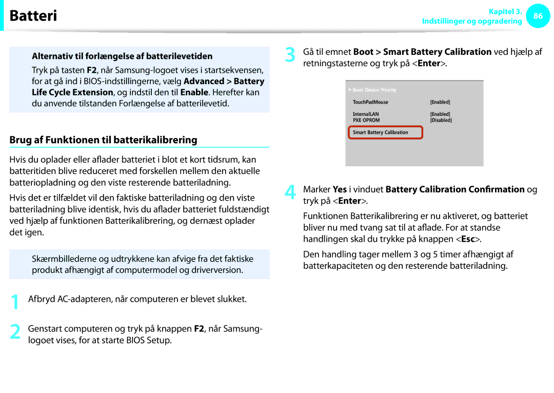 Samsung NP270E5E-K04SE manual Brug af Funktionen til batterikalibrering, Alternativ til forlængelse af batterilevetiden 