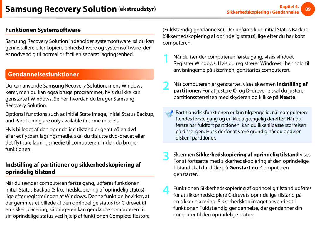 Samsung NP275E5E-K01SE, NP275E5E-K02SE manual Gendannelsesfunktioner, Funktionen Systemsoftware, Diskeni partitioner 