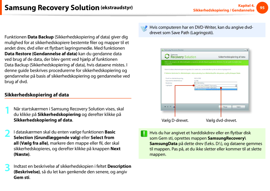 Samsung NP275E5E-K02SE, NP910S5J-K01SE, NP275E5E-K01SE, NP930X5J-K01SE manual Sikkerhedskopiering af data / Gendannelse 