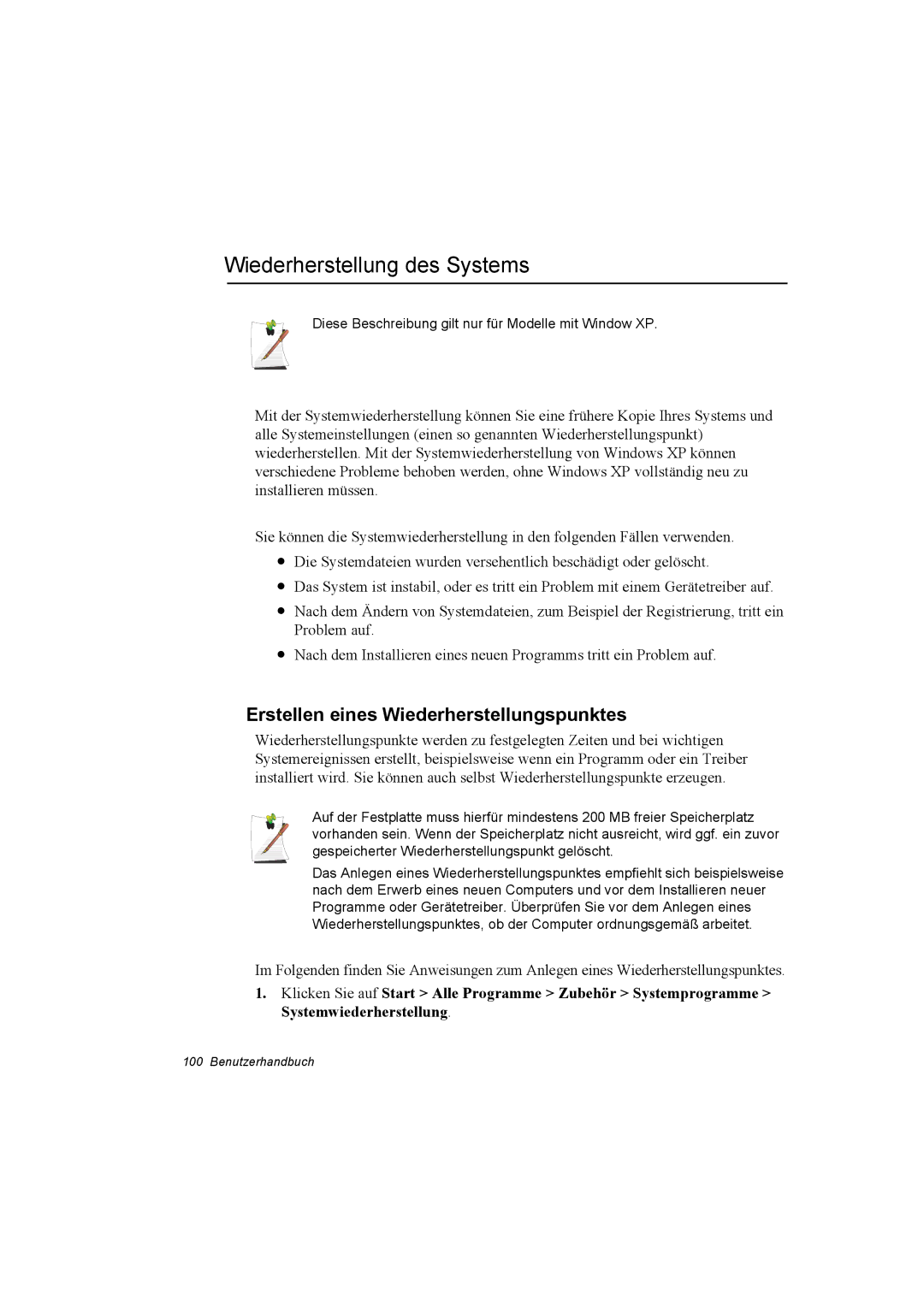 Samsung NP28WH20EF/SEG, NP28PRLY01/SEG manual Wiederherstellung des Systems, Erstellen eines Wiederherstellungspunktes 