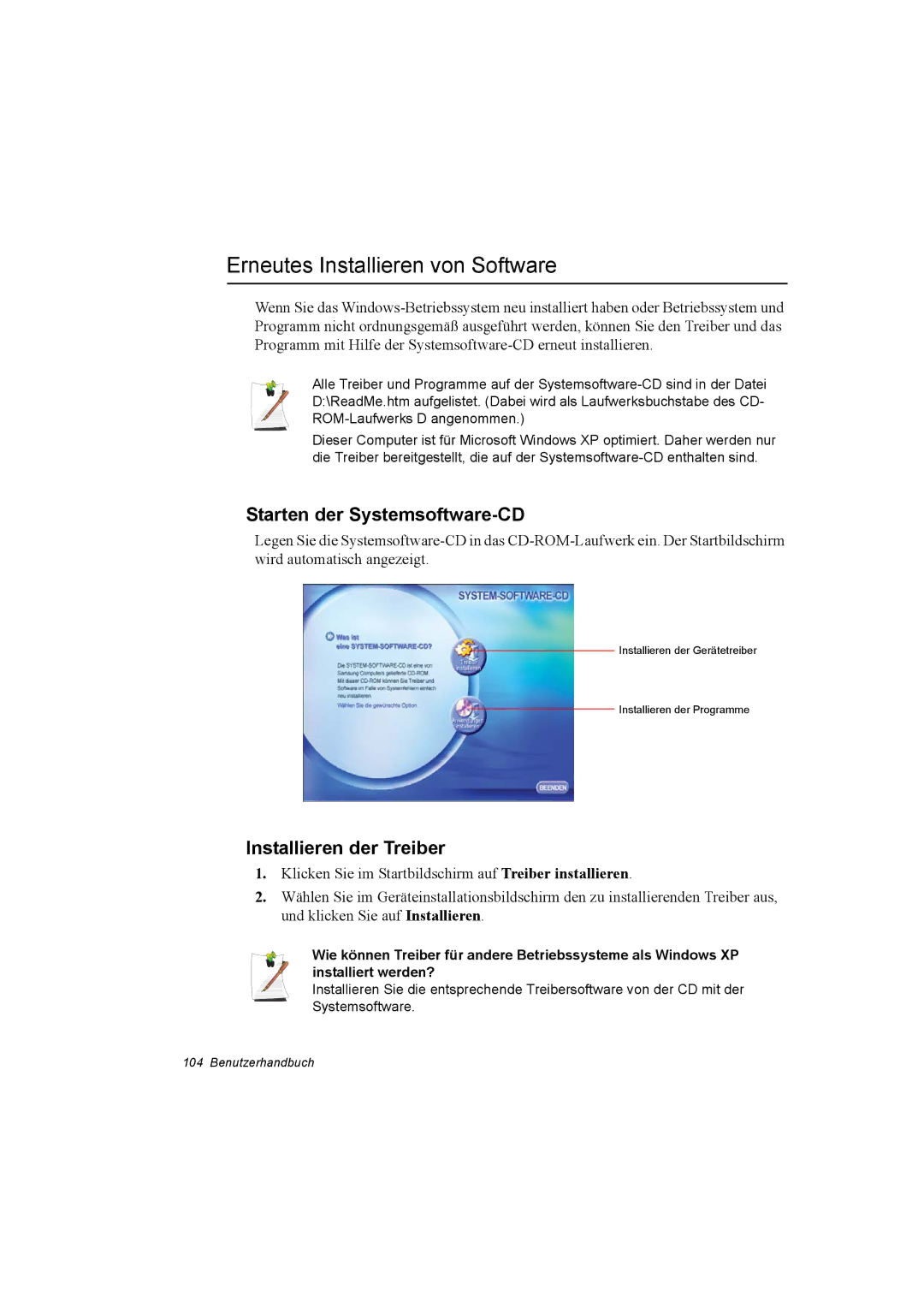 Samsung NP28PRLY02/SEG manual Erneutes Installieren von Software, Starten der Systemsoftware-CD, Installieren der Treiber 