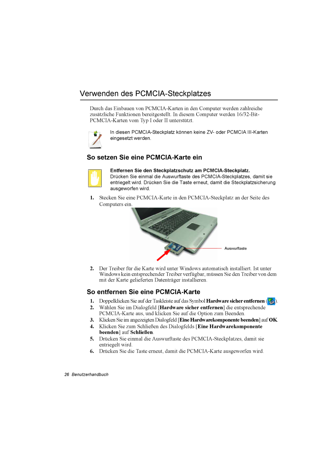 Samsung NP28CH26DD/SEK, NP28PRLY01/SEG manual Verwenden des PCMCIA-Steckplatzes, So setzen Sie eine PCMCIA-Karte ein 