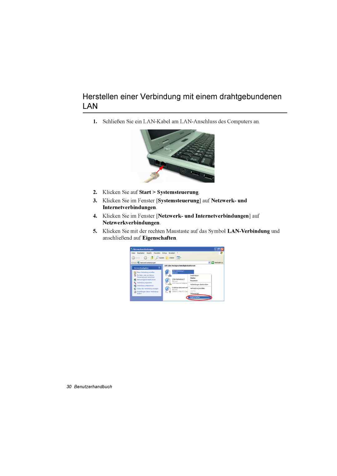 Samsung NP28DH0829/SER manual Herstellen einer Verbindung mit einem drahtgebundenen, Klicken Sie auf Start Systemsteuerung 