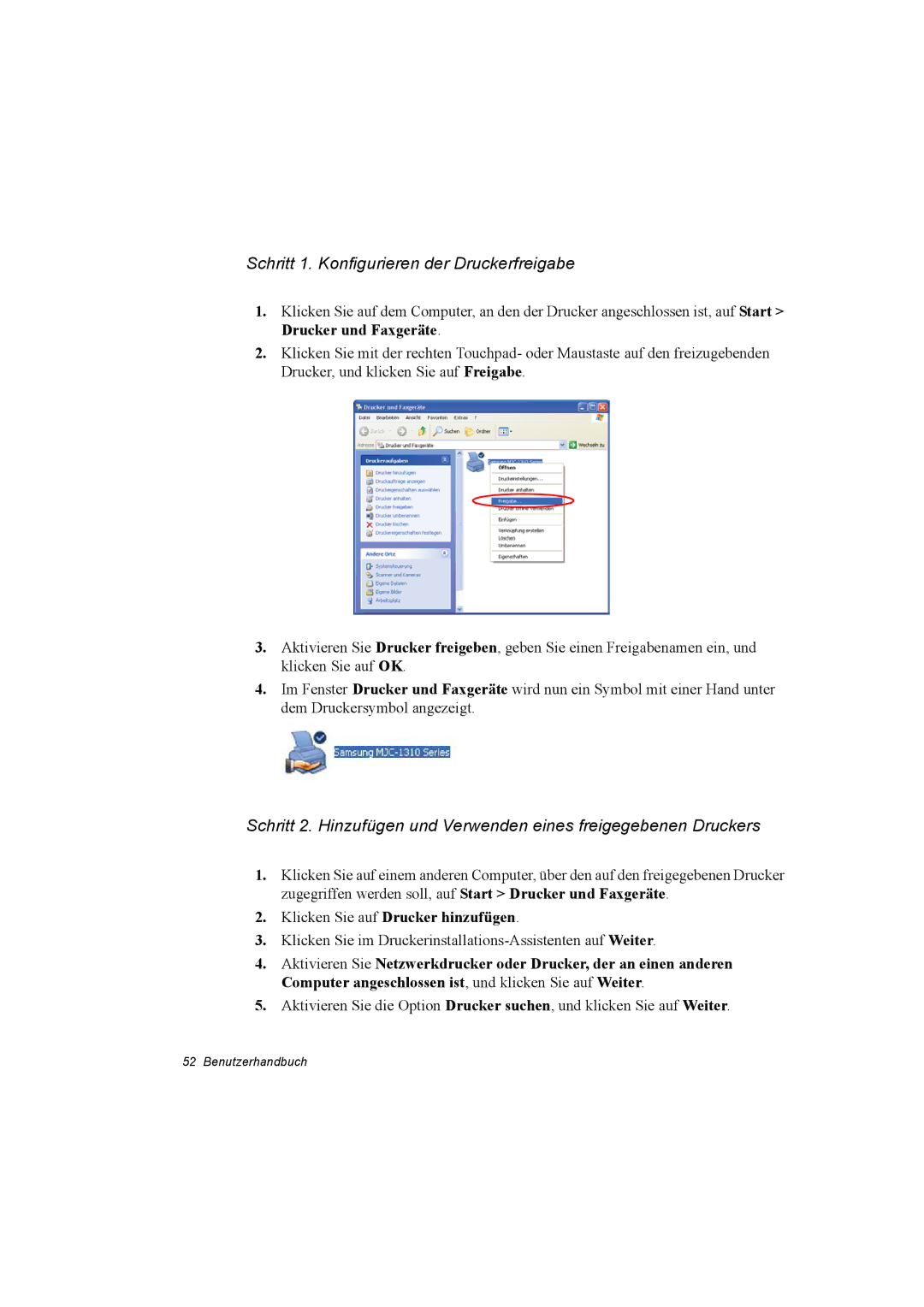 Samsung NP28DH0829/SER, NP28PRLY01/SEG Schritt 1. Konfigurieren der Druckerfreigabe, Klicken Sie auf Drucker hinzufügen 