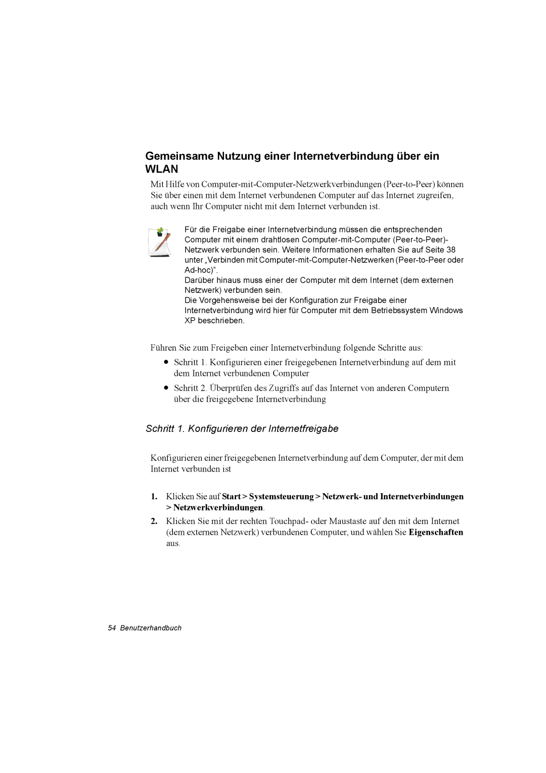 Samsung NP28CH0ESZ/SEK Gemeinsame Nutzung einer Internetverbindung über ein, Schritt 1. Konfigurieren der Internetfreigabe 