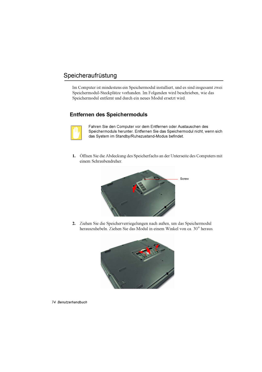 Samsung NP28DH0829/SER, NP28PRLY01/SEG, NP28CH0ESZ/SEK, NP28-D140/SEG manual Speicheraufrüstung, Entfernen des Speichermoduls 