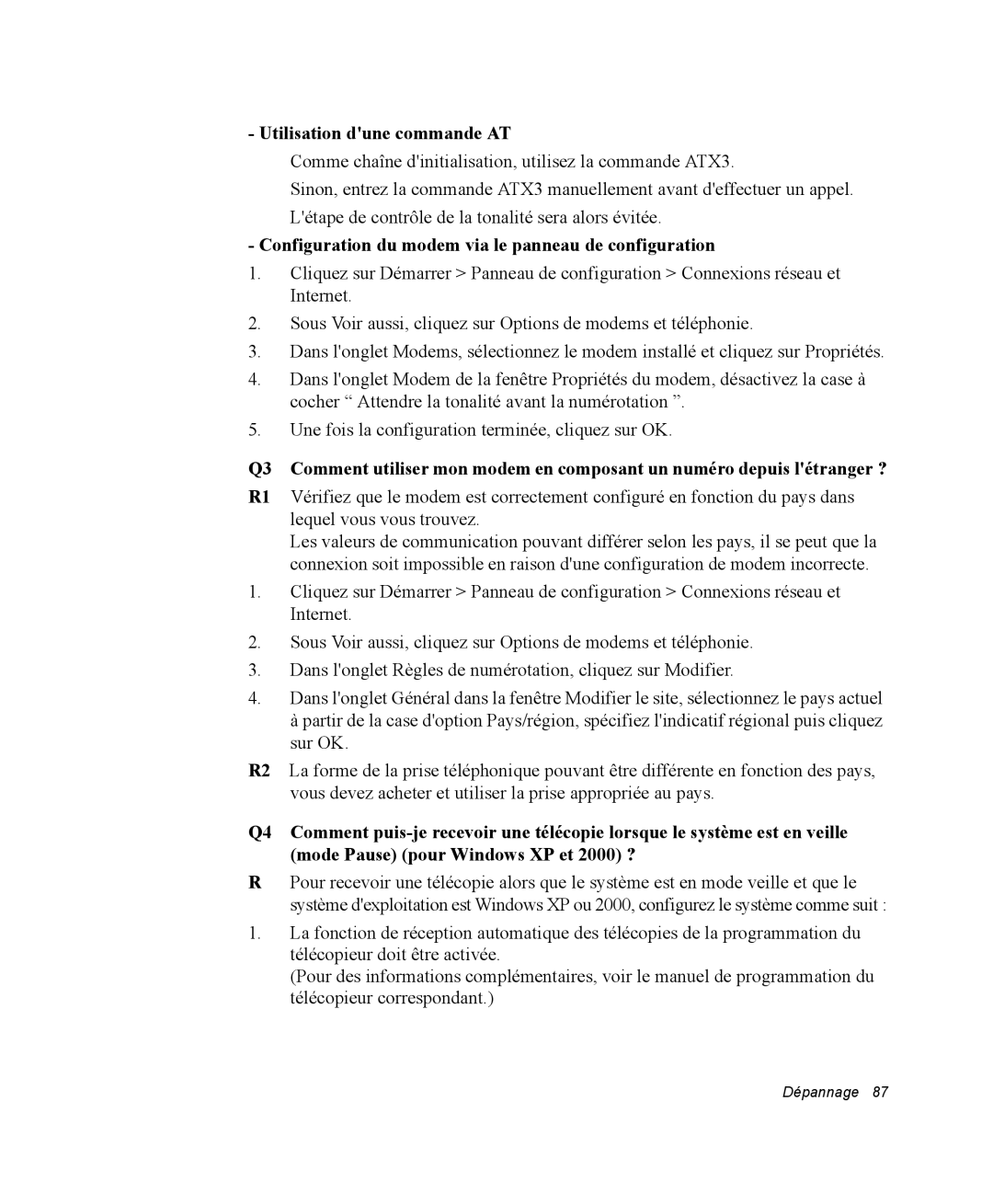 Samsung NP28DP0BR7/SUK manual Utilisation dune commande AT, Configuration du modem via le panneau de configuration 