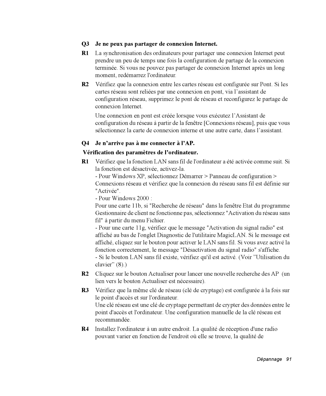 Samsung NP28DP0LY3/SEF, NP28PRR003/SEF, NP28PRL002/SEF, NP28DP084D/SEF manual Q3 Je ne peux pas partager de connexion Internet 