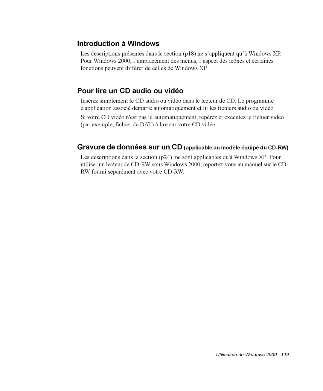 Samsung NP28PRR002/SEF, NP28PRR003/SEF, NP28PRL002/SEF manual Introduction à Windows, Pour lire un CD audio ou vidéo 