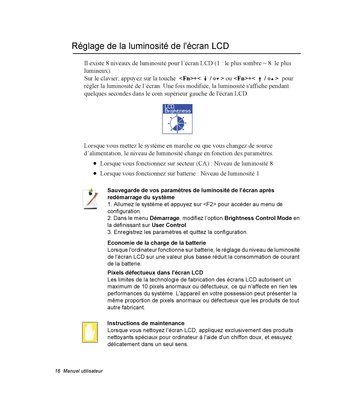 Samsung NP28PRLY01/SEF, NP28PRR003/SEF manual Réglage de la luminosité de lécran LCD, Economie de la charge de la batterie 