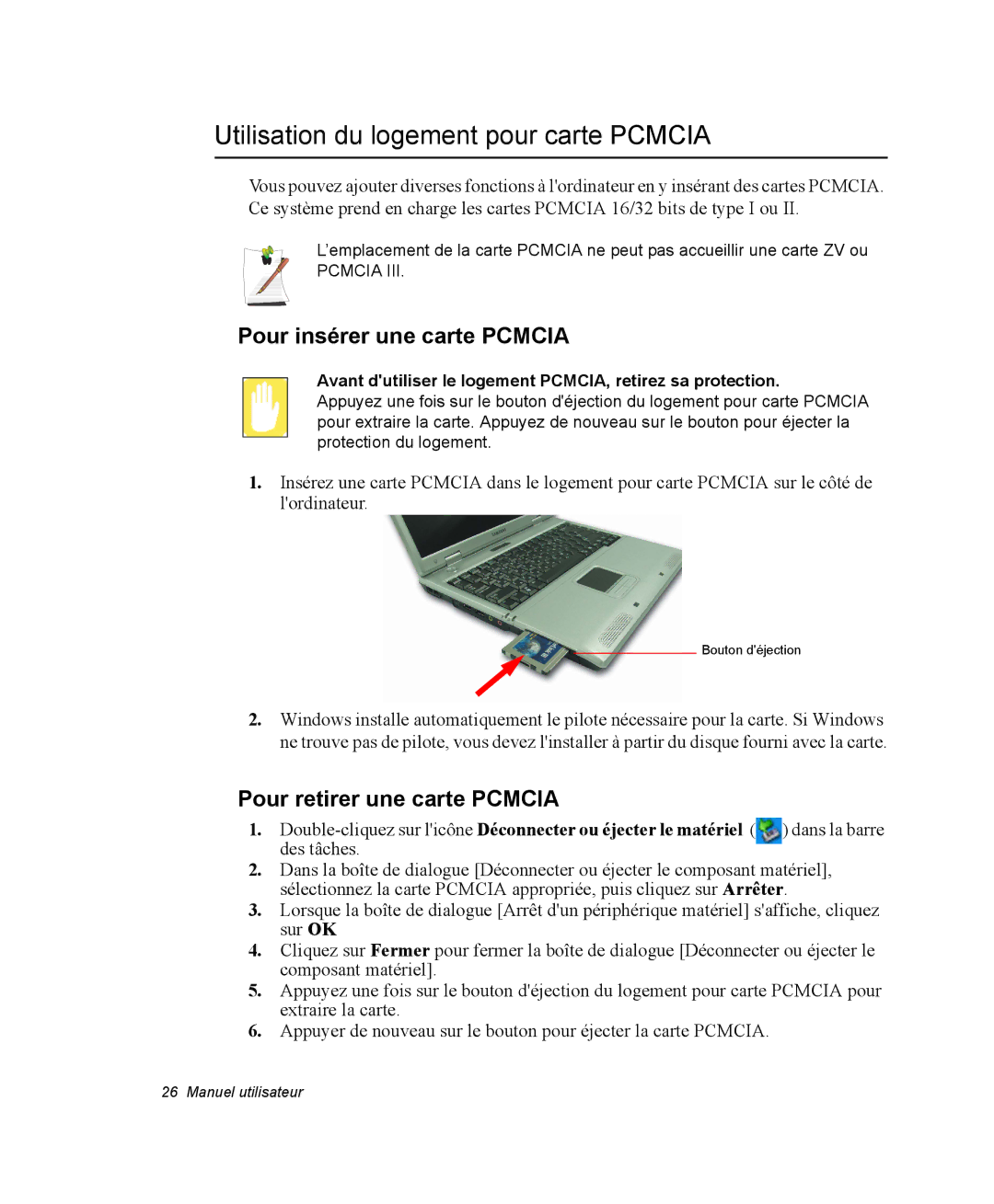 Samsung NP28PRR000/SEF, NP28PRR003/SEF manual Utilisation du logement pour carte Pcmcia, Pour insérer une carte Pcmcia 