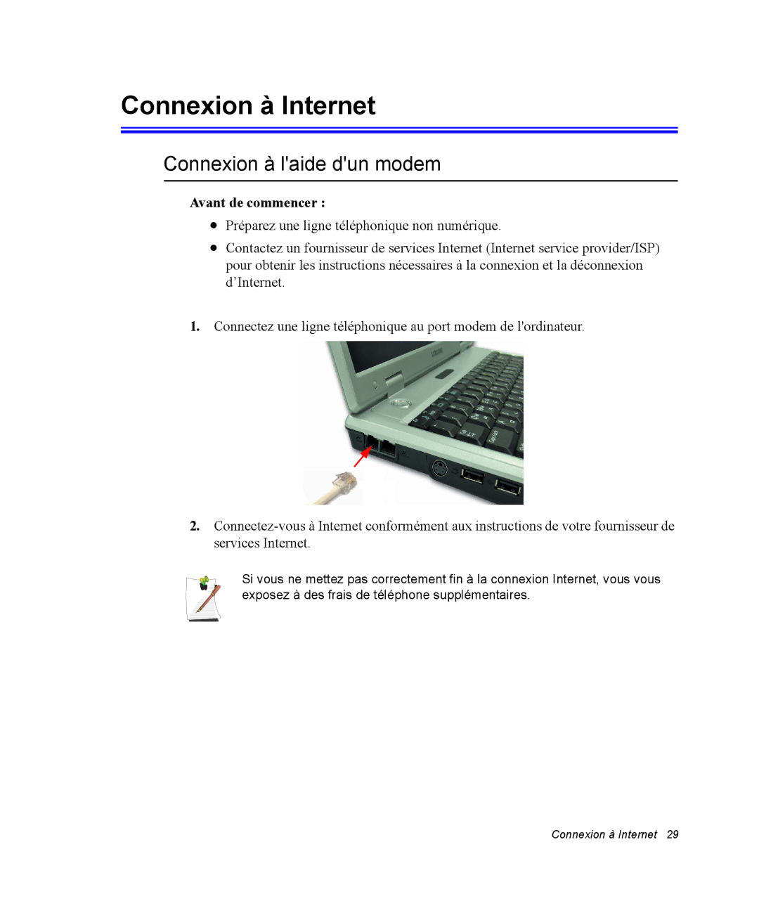 Samsung NP28PRR003/SEF, NP28PRL002/SEF manual Connexion à Internet, Connexion à laide dun modem, Avant de commencer 