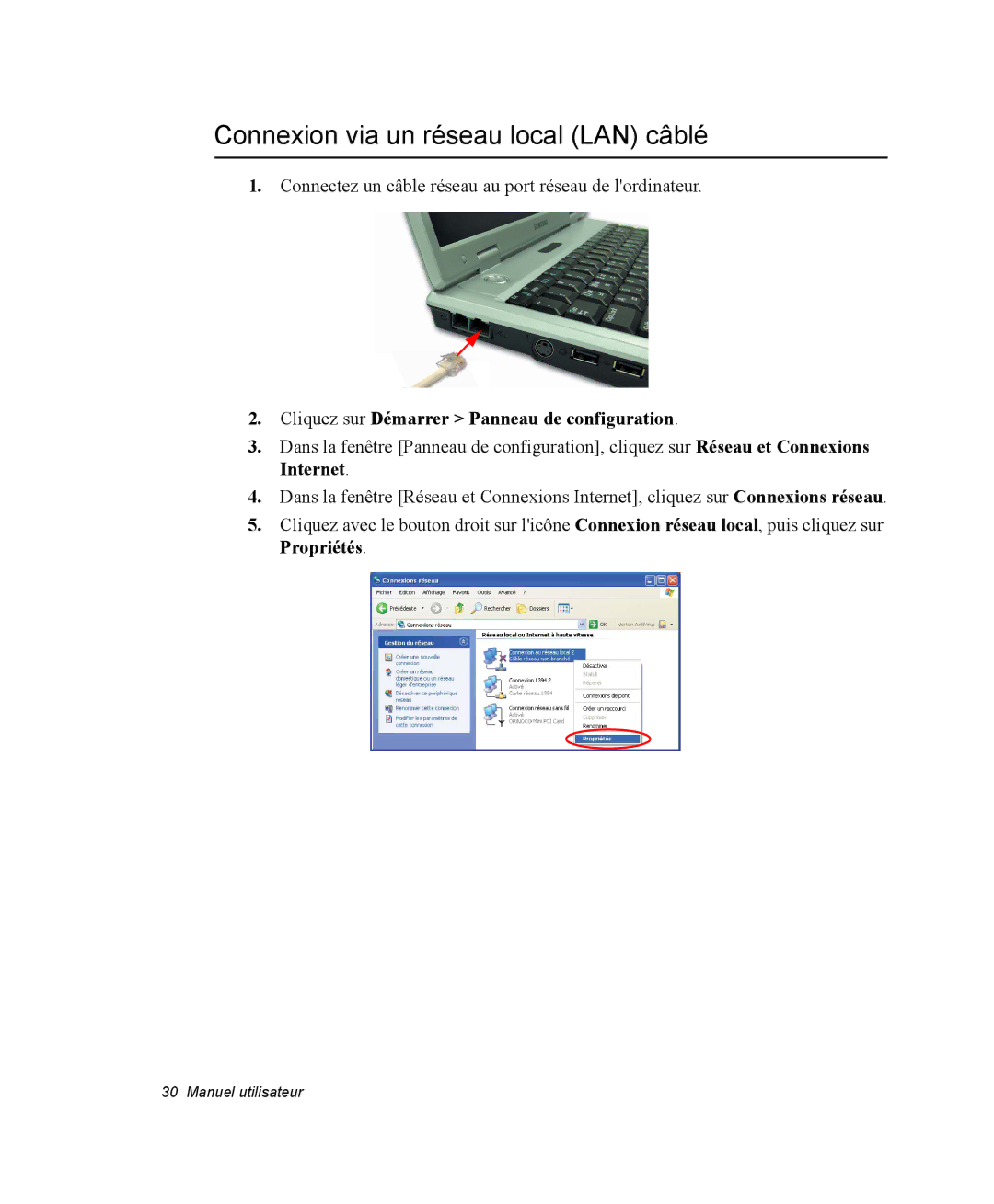 Samsung NP28PRL002/SEF manual Connexion via un réseau local LAN câblé, Cliquez sur Démarrer Panneau de configuration 