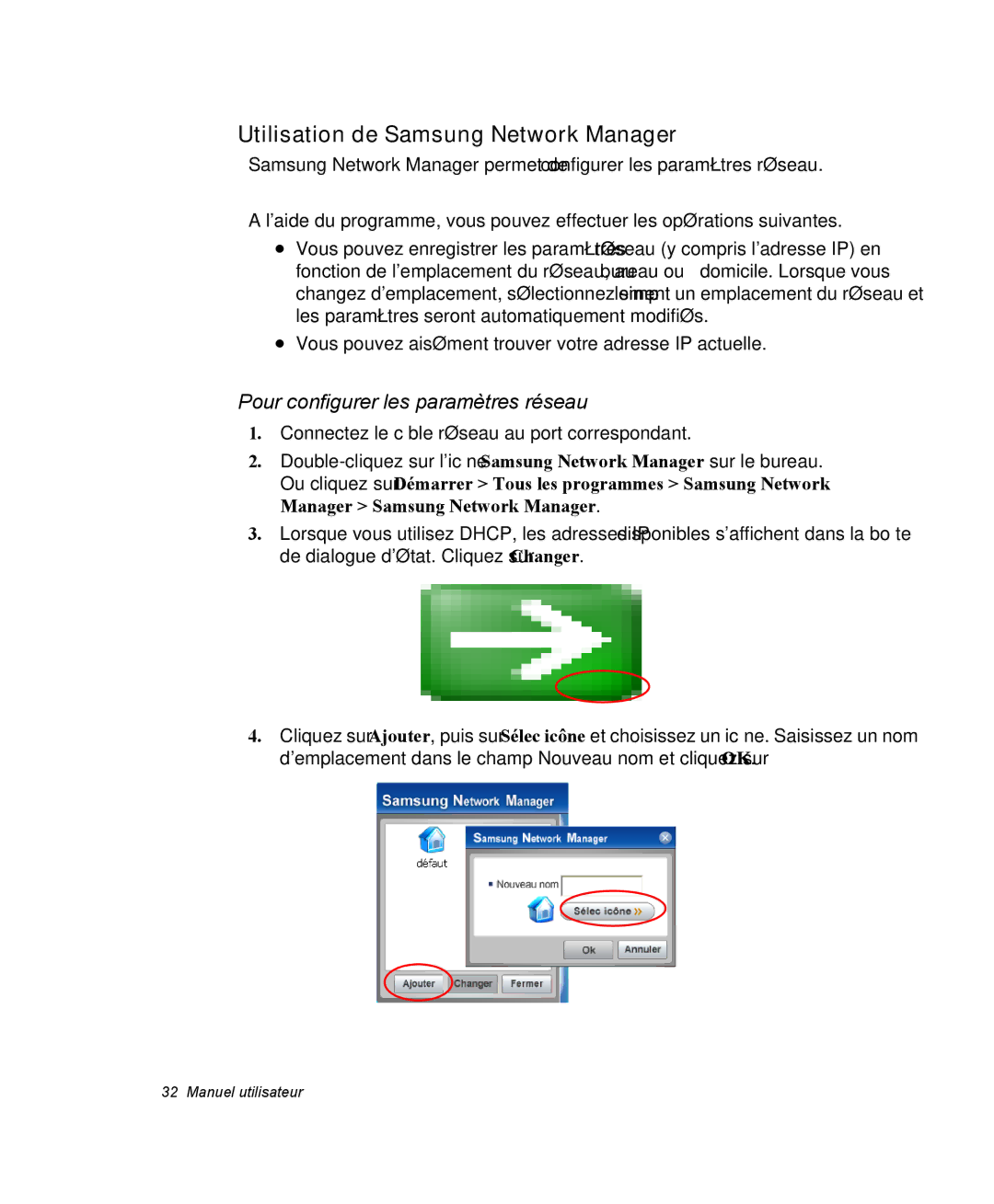 Samsung NP28PRL003/SEF, NP28PRR003/SEF manual Utilisation de Samsung Network Manager, Pour configurer les paramètres réseau 