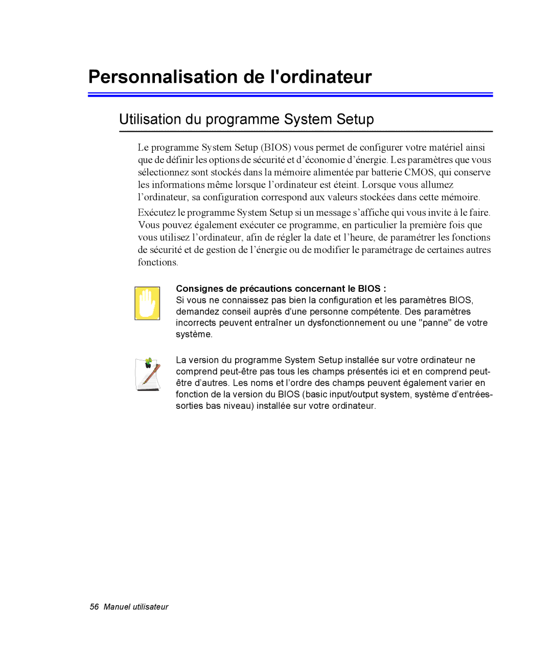 Samsung NP28PRR002/SEF, NP28PRR003/SEF manual Personnalisation de lordinateur, Utilisation du programme System Setup 