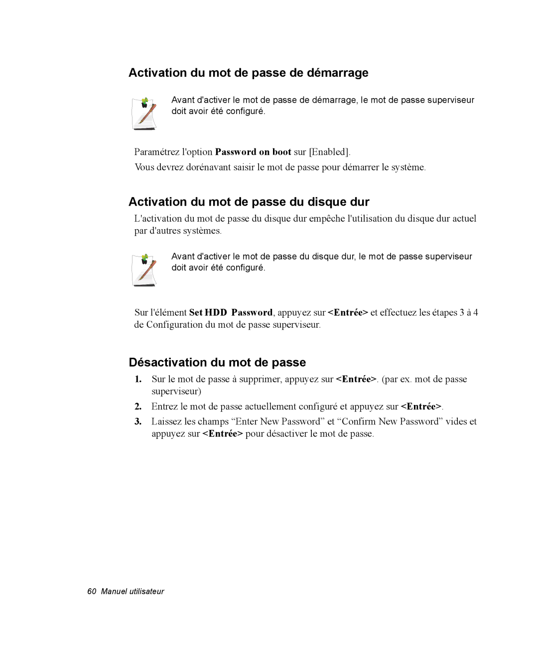 Samsung NP28DJ21WR/SEF, NP28PRR003/SEF Activation du mot de passe de démarrage, Activation du mot de passe du disque dur 