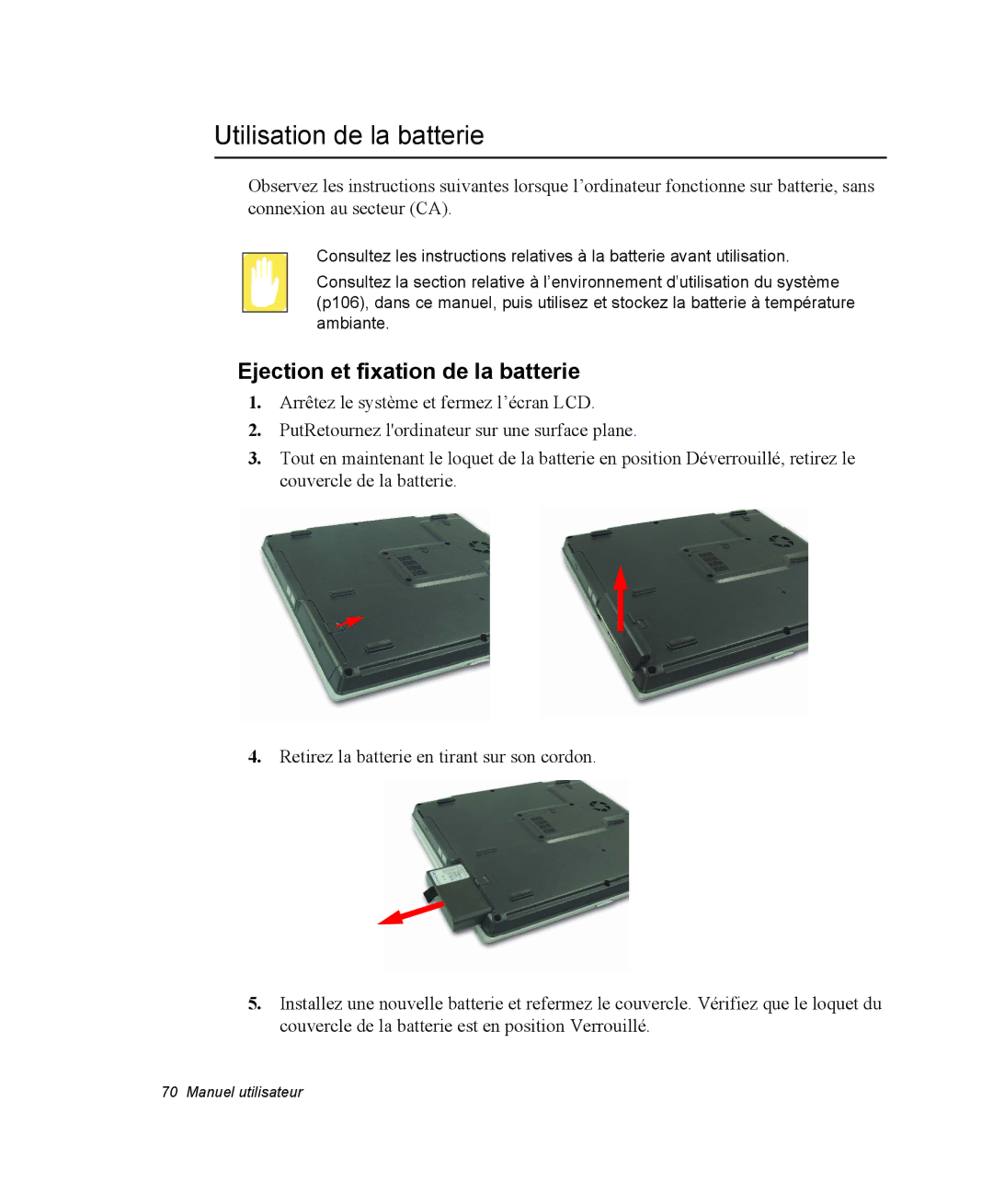 Samsung NP28DP0LY3/SEF, NP28PRR003/SEF, NP28PRL002/SEF manual Utilisation de la batterie, Ejection et fixation de la batterie 