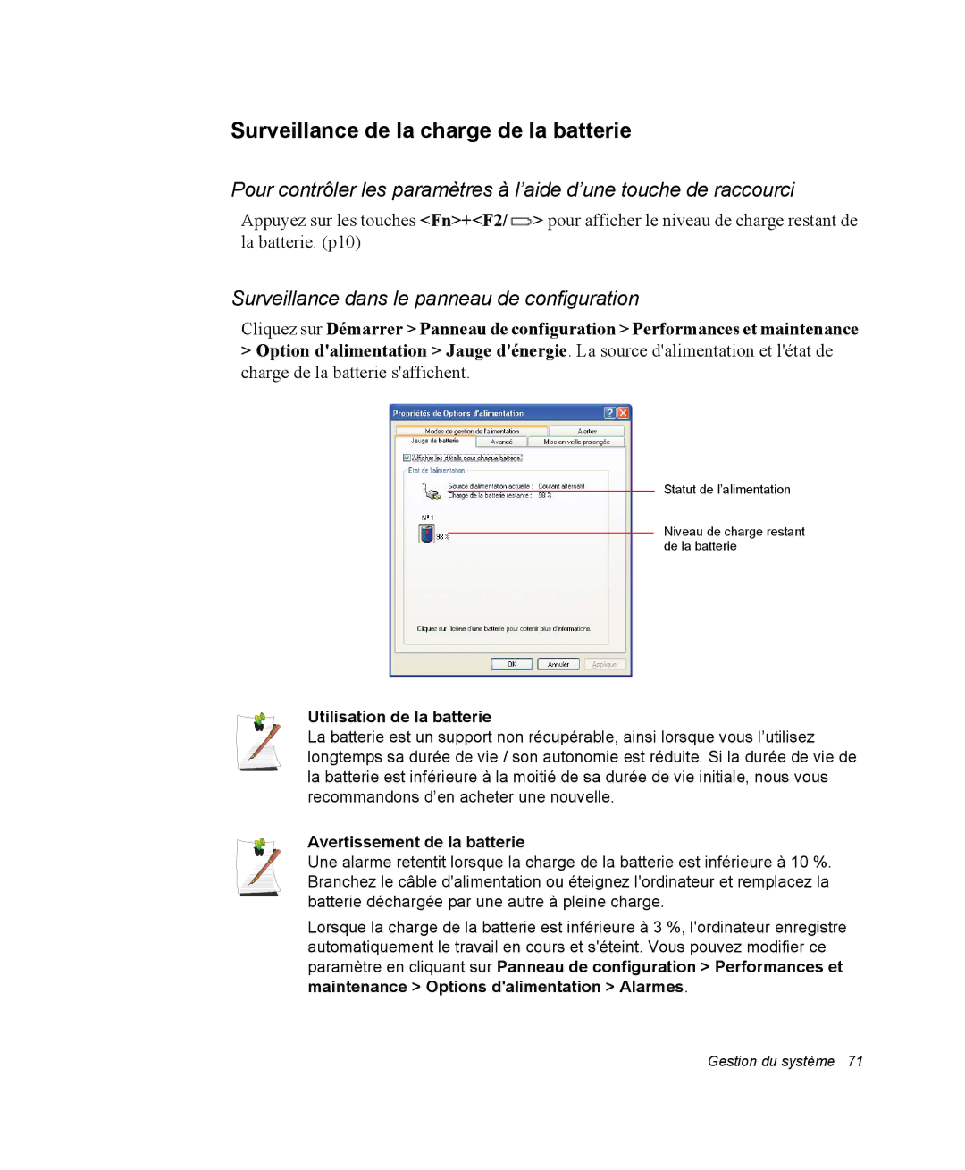 Samsung NP28PRR003/SEF manual Surveillance de la charge de la batterie, Surveillance dans le panneau de configuration 