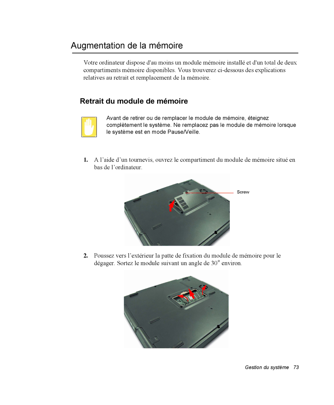 Samsung NP28DP084D/SEF, NP28PRR003/SEF, NP28PRL002/SEF manual Augmentation de la mémoire, Retrait du module de mémoire 