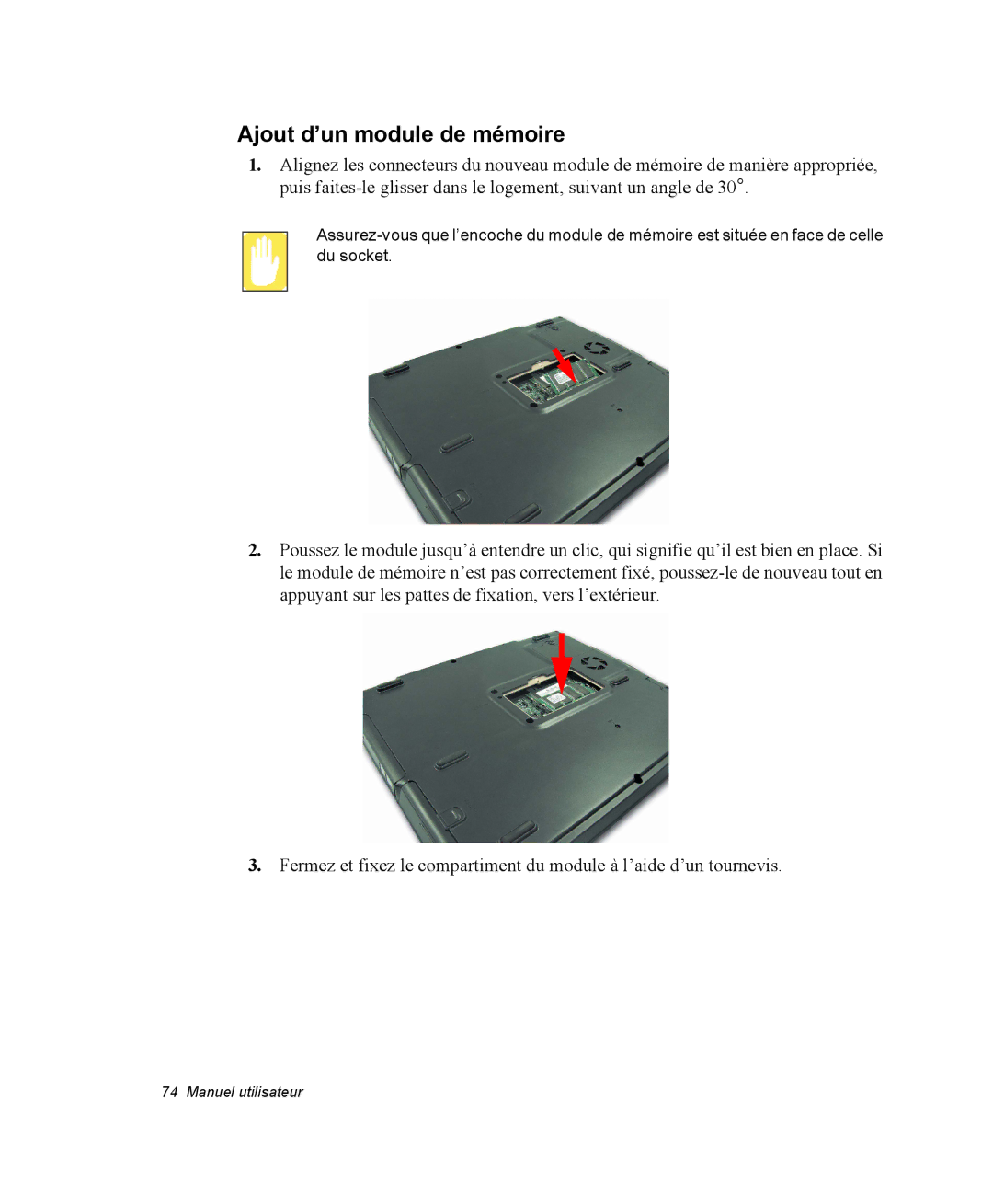 Samsung NP28PRL003/SEF, NP28PRR003/SEF, NP28PRL002/SEF, NP28DP084D/SEF, NP28PRKY03/SEF manual Ajout d’un module de mémoire 