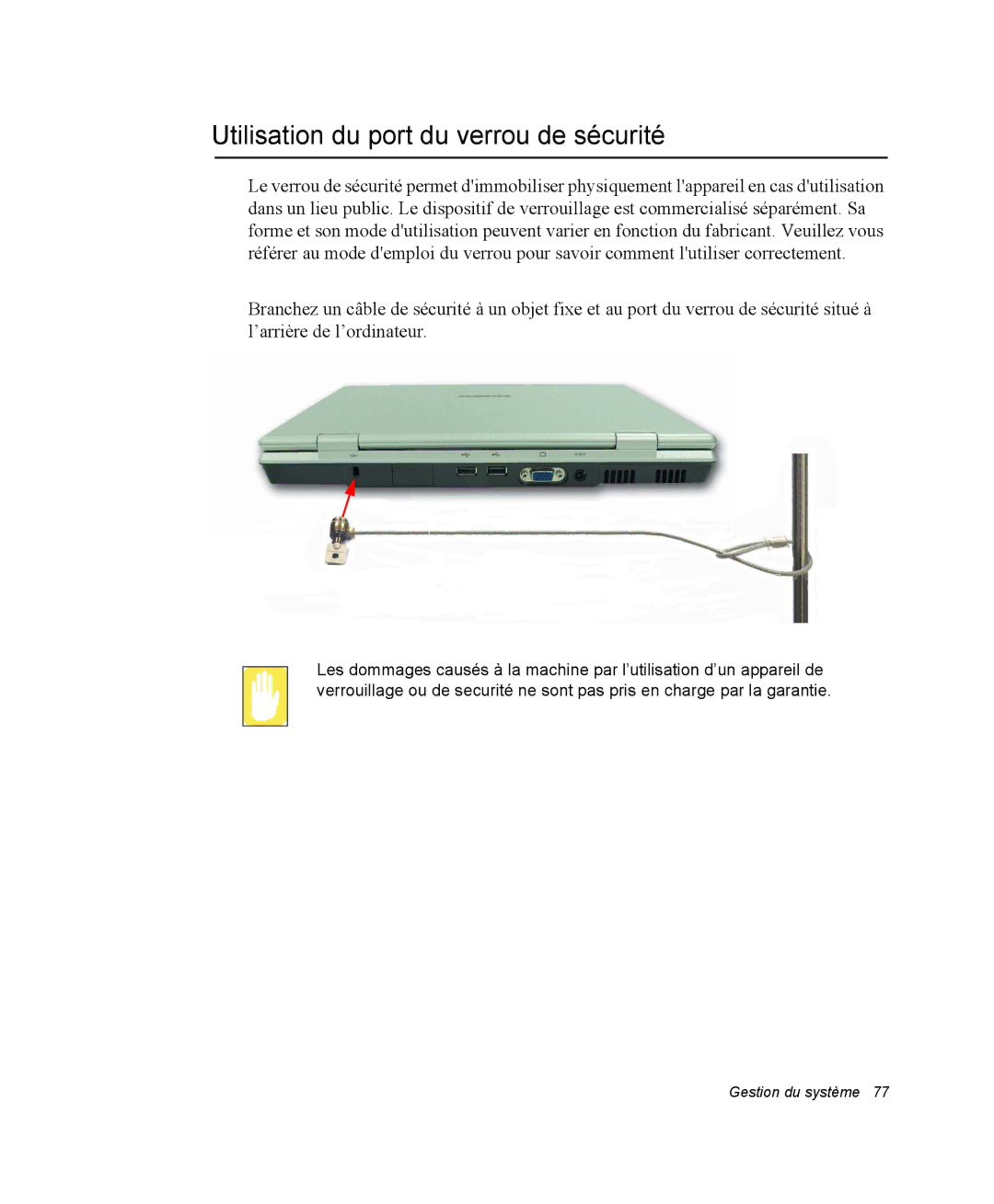 Samsung NP28PRR002/SEF, NP28PRR003/SEF, NP28PRL002/SEF, NP28DP084D/SEF manual Utilisation du port du verrou de sécurité 