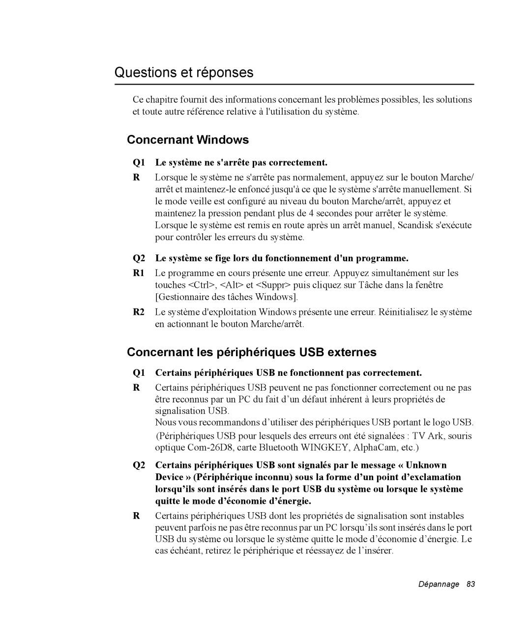 Samsung NP28PRLV01/SEF manual Questions et réponses, Concernant Windows, Concernant les périphériques USB externes 