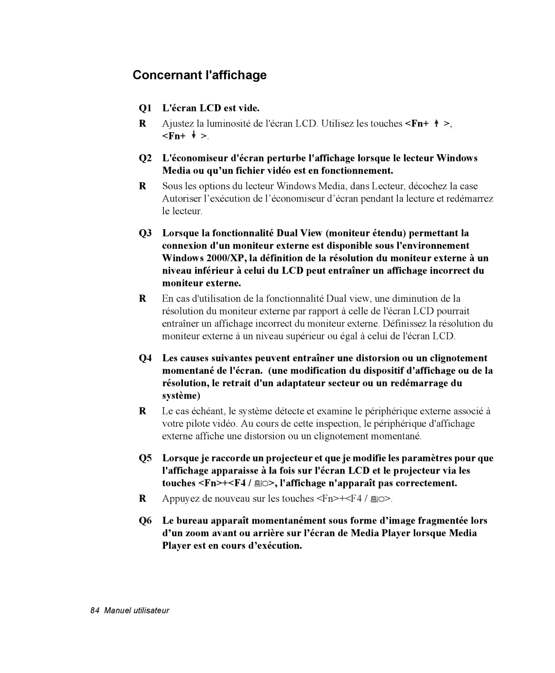 Samsung NP28PRKY04/SEF, NP28PRR003/SEF, NP28PRL002/SEF, NP28DP084D/SEF manual Concernant laffichage, Q1 Lécran LCD est vide 