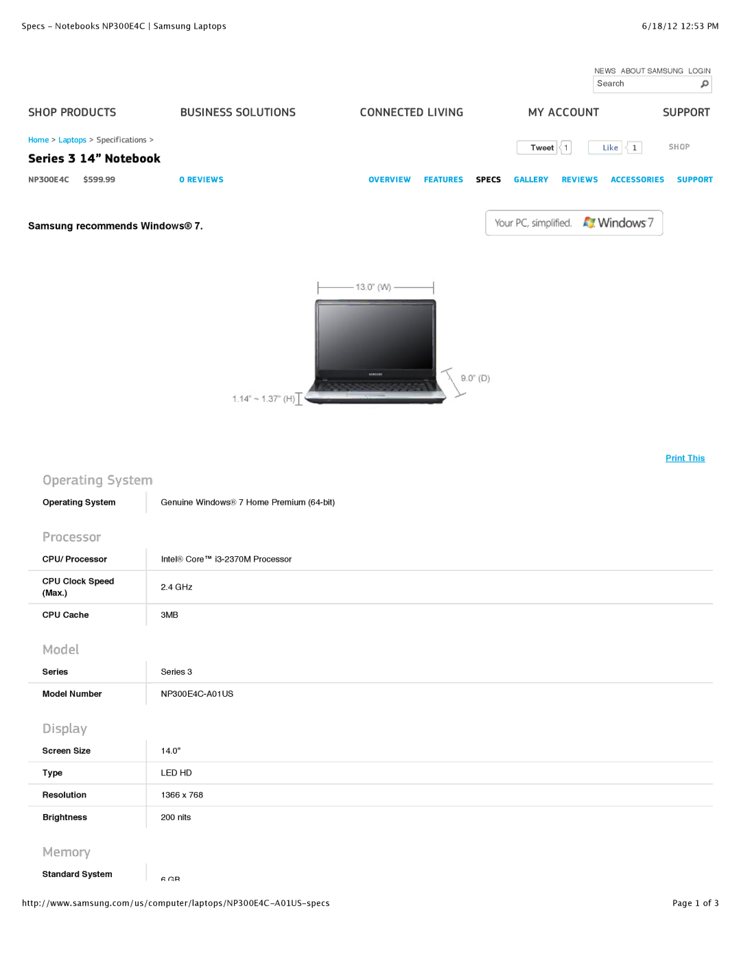 Samsung NP300E4CA0CVE specifications OperatingSystem, Processor, Model, Display, Memory 