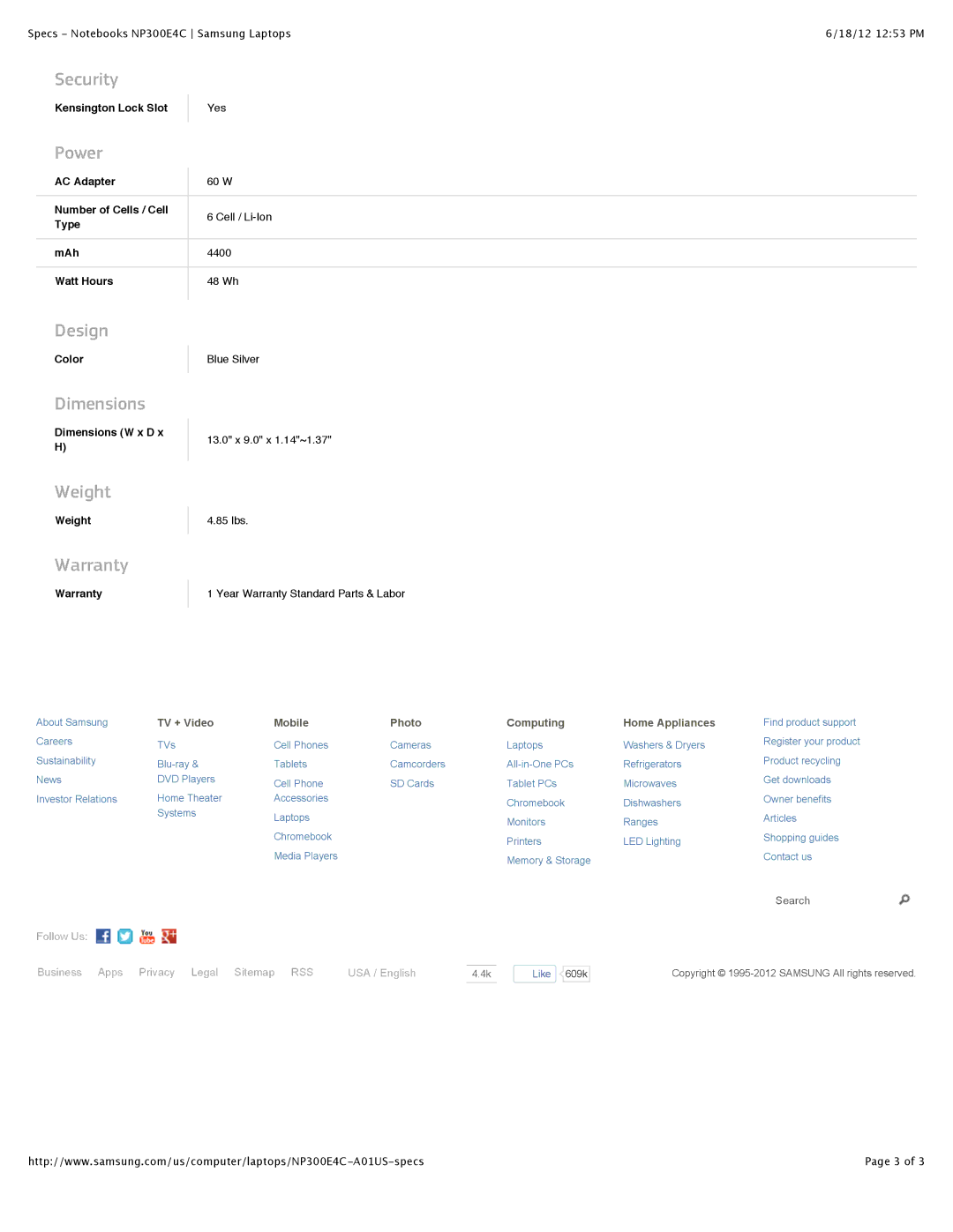 Samsung NP300E4CA0CVE specifications Security, Power, Design, Dimensions, Weight, Warranty 