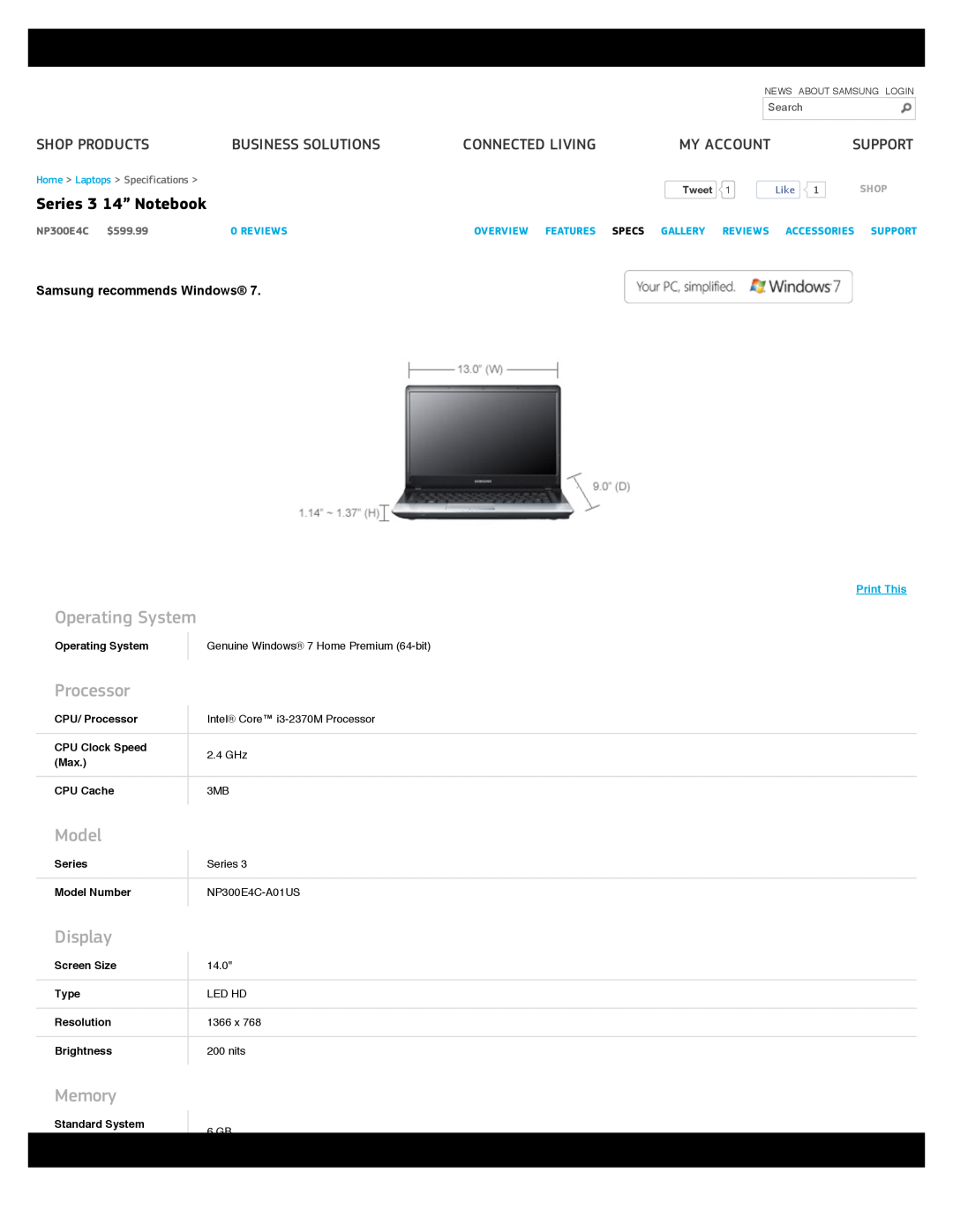 Samsung NP300E4CA0CVE specifications OperatingSystem, Processor, Model, Display, Memory, Series314”Notebook, Shopproducts 