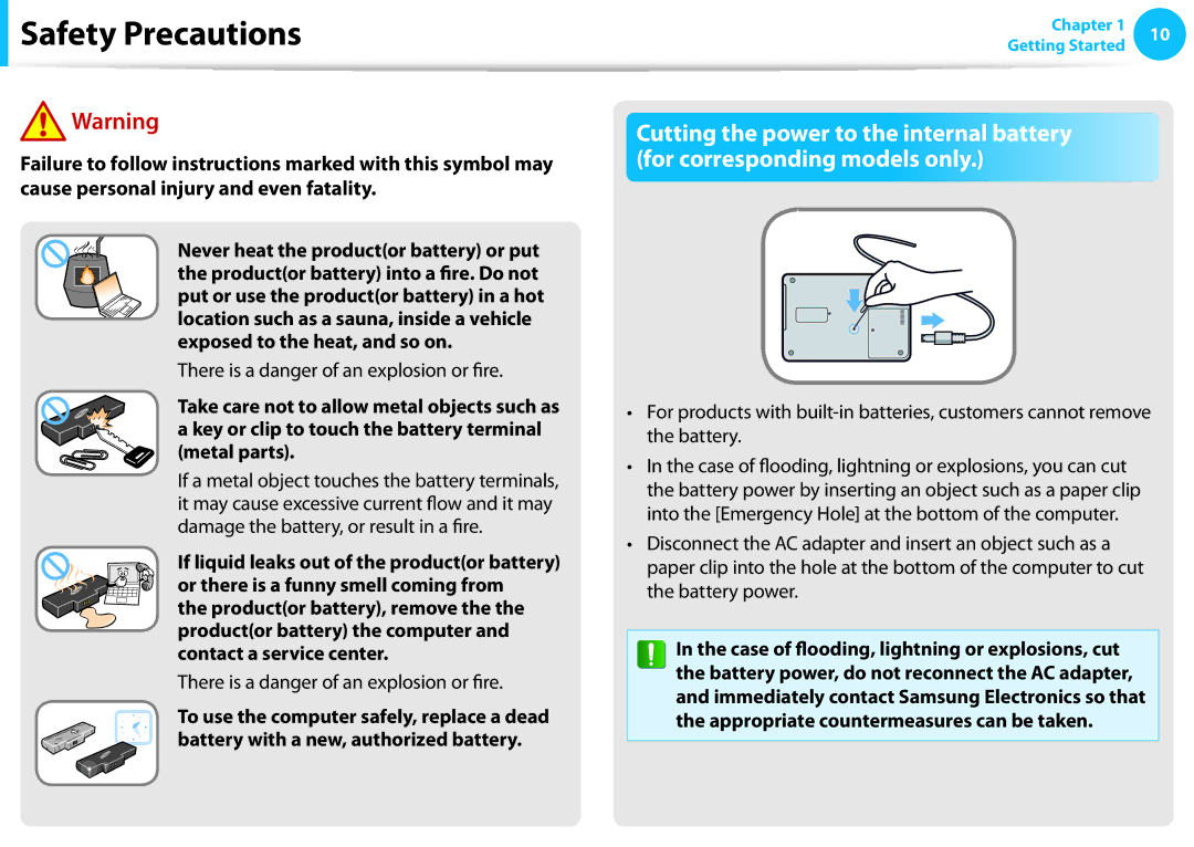 Samsung NP270E4E, NP300E4EA01US, NP270E5EK01US, NP270E5EK03US, NP270E5EK02US manual There is a danger of an explosion or fire 