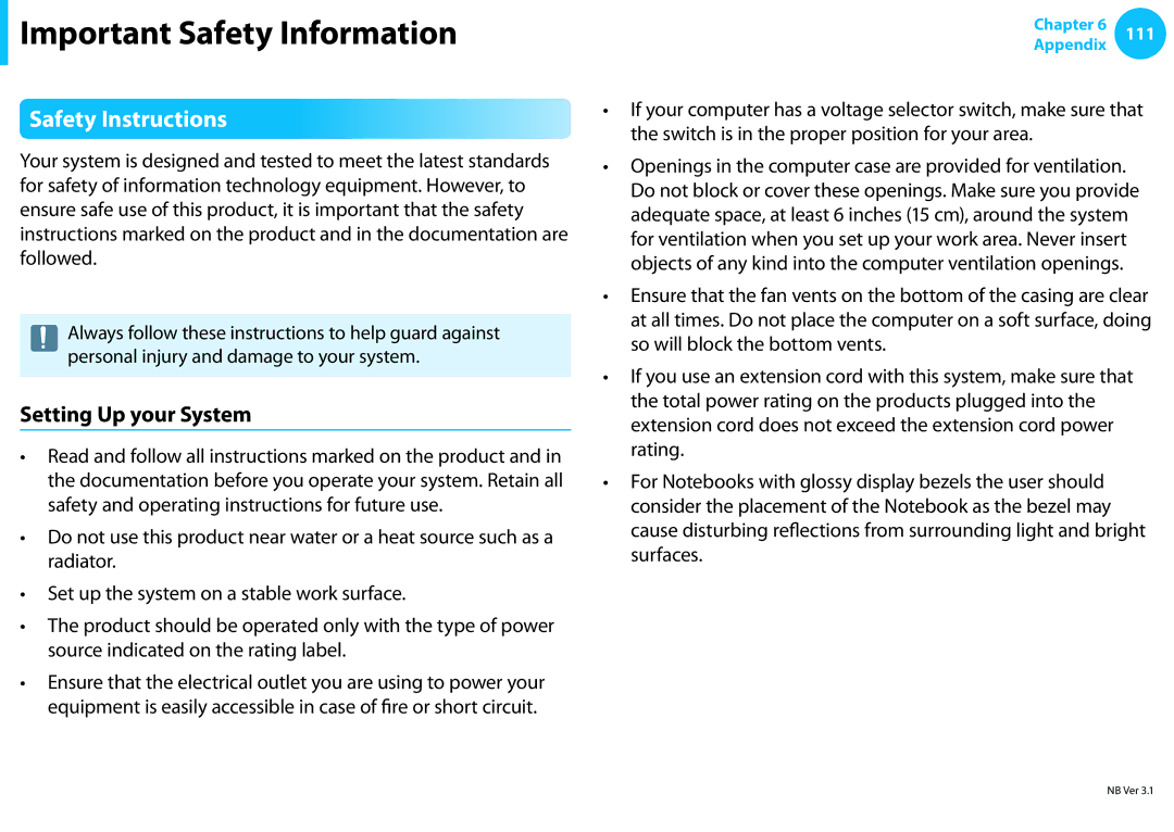 Samsung NP300E4EA01US, NP270E5EK01US, NP270E4E Important Safety Information, Safety Instructions, Setting Up your System 