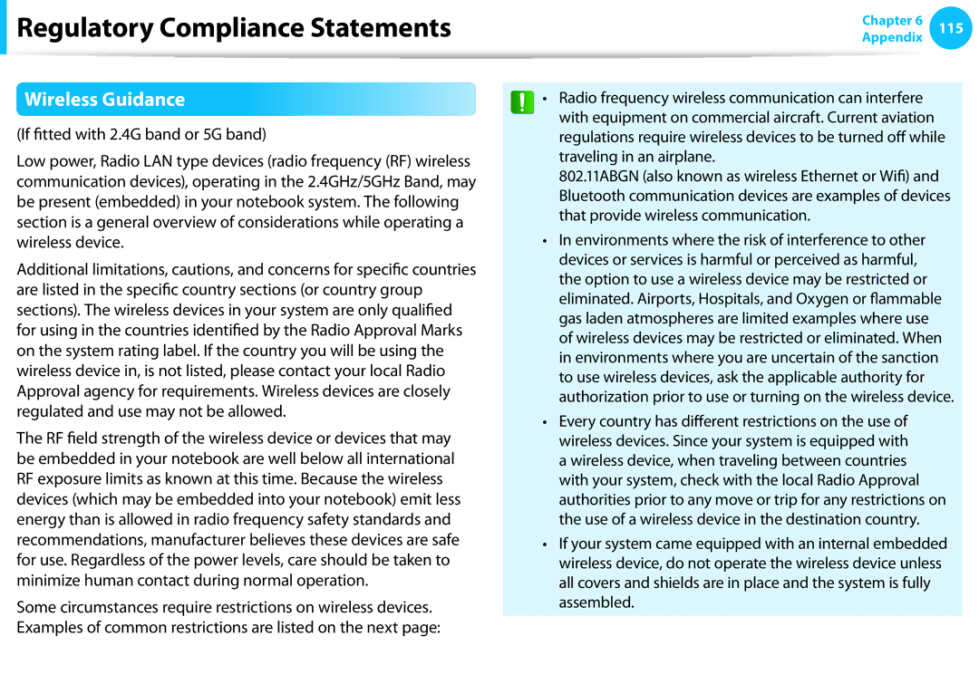 Samsung NP270E4E, NP300E4EA01US, NP270E5EK01US, NP270E5EK03US manual Regulatory Compliance Statements, Wireless Guidance 