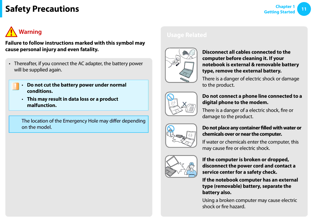 Samsung NP270E4EK01US, NP300E4EA01US, NP270E5E Usage Related, There is a danger of electric shock or damage to the product 