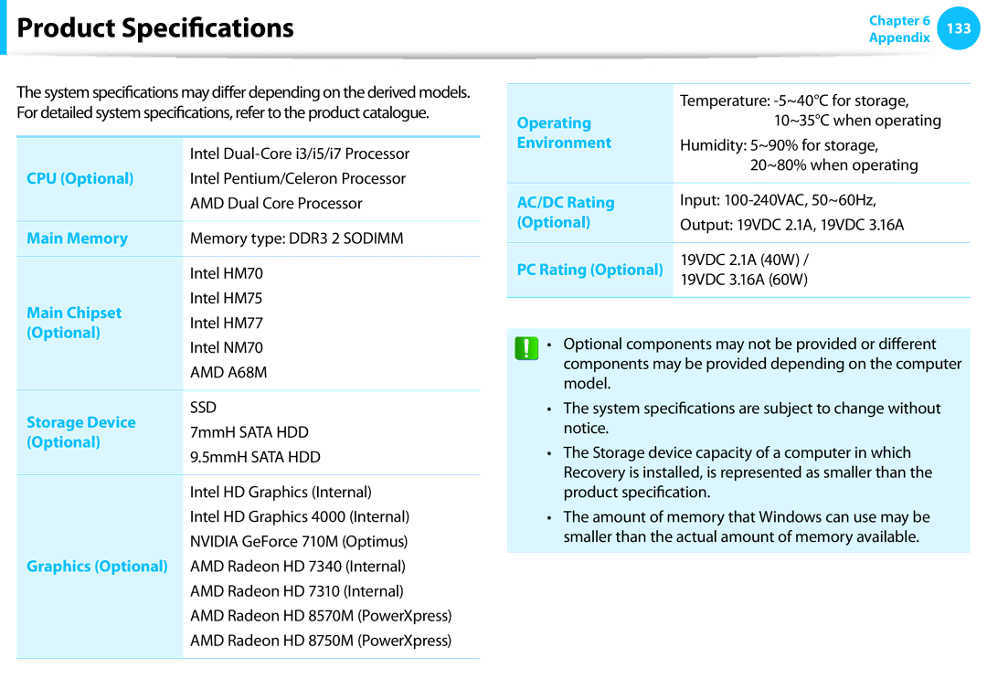 Samsung NP270E5EK01US, NP300E4EA01US, NP270E5EK03US, NP270E5EK02US, NP270E4EK01US manual Product Specifications 