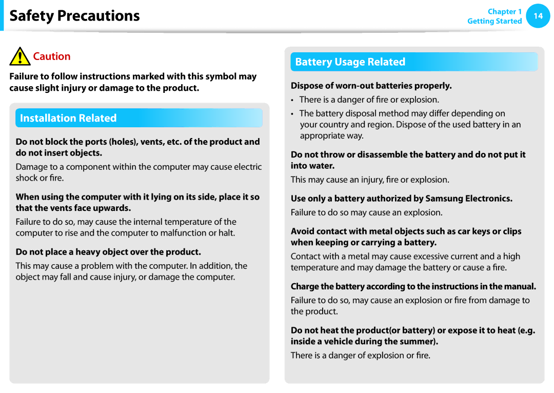 Samsung NP270E5EK01US, NP300E4EA01US Do not place a heavy object over the product, Dispose of worn-out batteries properly 