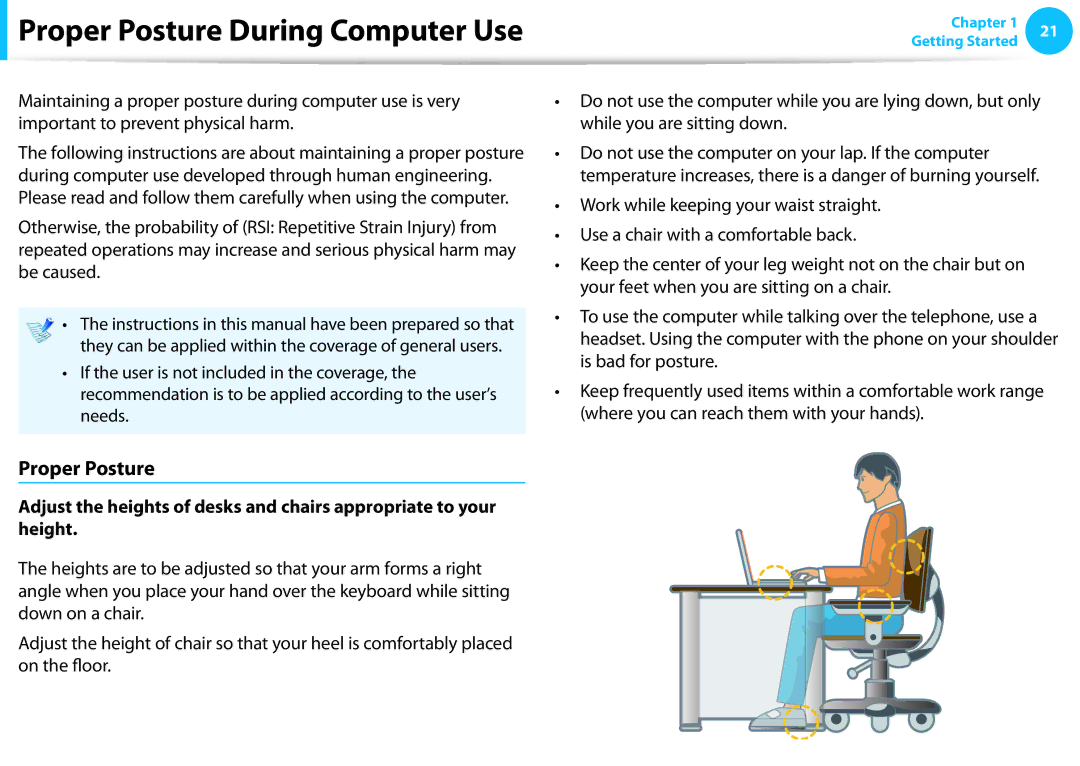 Samsung NP270E5EK01US, NP300E4EA01US, NP270E5EK03US, NP270E5EK02US, NP270E4EK01US manual Proper Posture During Computer Use 