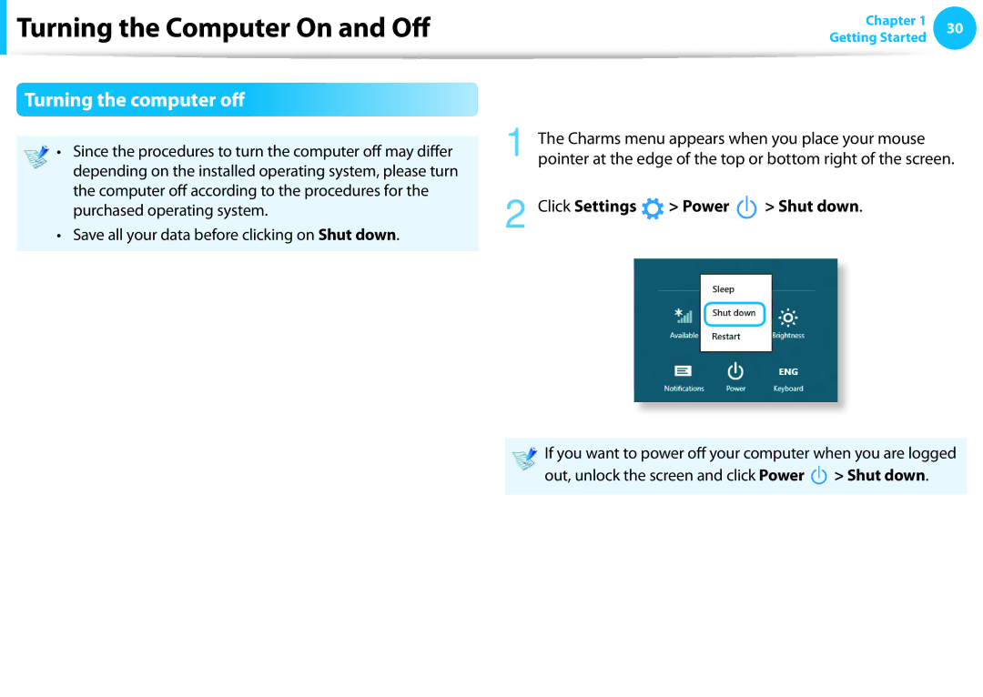 Samsung NP270E5EK02US, NP300E4EA01US Turning the computer off, Purchased operating system, Click Settings Power Shut down 