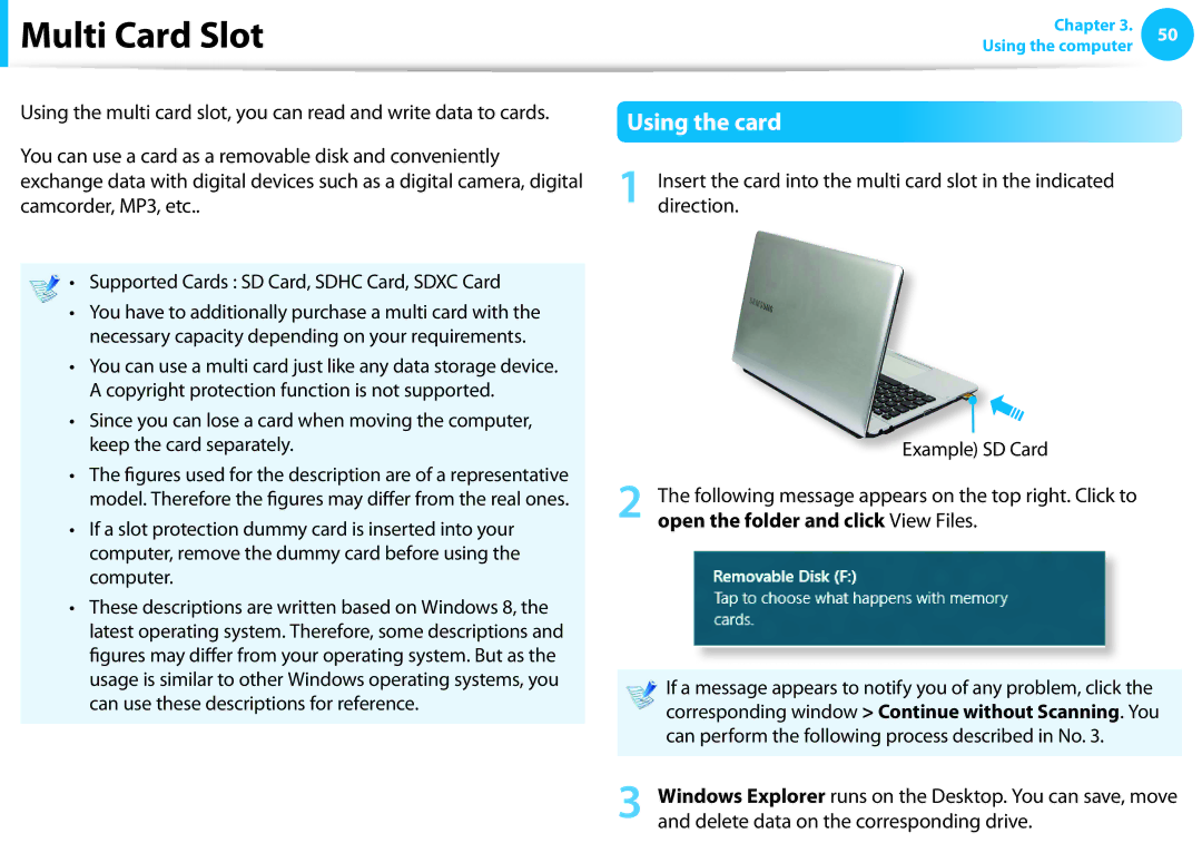 Samsung NP270E5EK03US, NP300E4EA01US, NP270E5EK01US, NP270E5EK02US, NP270E4EK01US manual Multi Card Slot, Using the card 