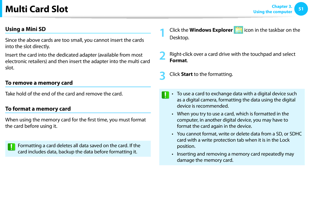 Samsung NP270E5EK02US manual Using a Mini SD, To remove a memory card, To format a memory card, Click the Windows Explorer 